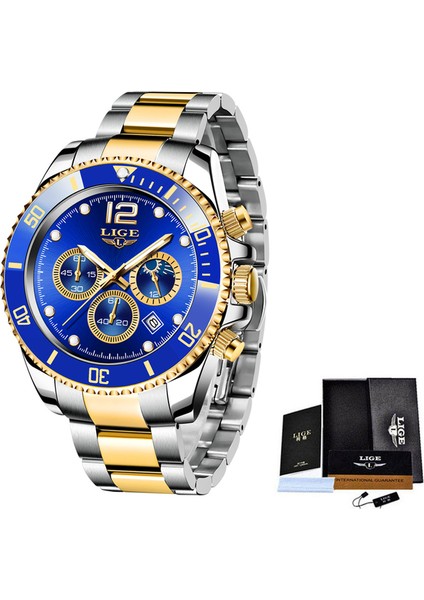 Altın Mavi Lıge Erkek Izle Iş Su Geçirmez Tarih Saatler Moda Çok Fonksiyonlu Paslanmaz Çelik Kuvars Spor Izle Relogio Masculino + Kutu (Yurt Dışından)