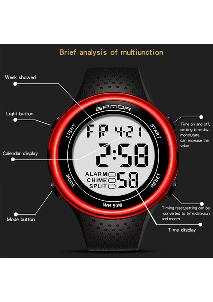 Kırmızı Sanda Moda Açık Spor Izle Erkekler Kadınlar Çok Fonksiyonlu Saatler Çalar Saat Chrono 5bar Su Geçirmez Dijital Saat Reloj Hombre (Yurt Dışından) modelleri