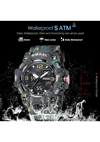 Camo Siyah Smael Kamuflaj Spor Dijital Saat Erkekler Için Otomatik Tarih Kronograf Kuvars Analog Saatler Lüks LED Elektronik Kol Saati 8008 (Yurt Dışından)