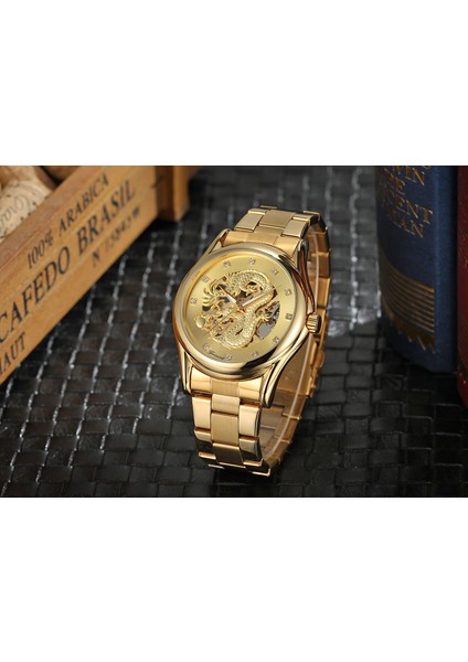 Altın Forsınıng Altın Mekanik Saat Içi Boş Kristal Ölçekli Ejderha Mekanik Saat Çelik Kayış Kol Saati Dairesel Saat (Yurt Dışından) fırsatları