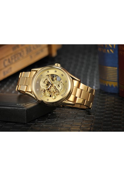 Altın Forsınıng Altın Mekanik Saat Içi Boş Kristal Ölçekli Ejderha Mekanik Saat Çelik Kayış Kol Saati Dairesel Saat (Yurt Dışından) indirimleri