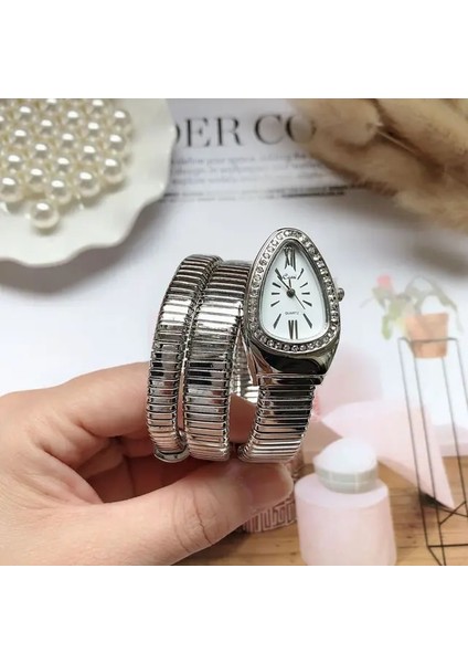 Gümüş Beyaz Benzersiz Yılan Şekilli Kadın Saatler Rhinestone Moda Lüks Marka Bayanlar Izle Elmas Yılan Bilezik Izle Kadın (Yurt Dışından)