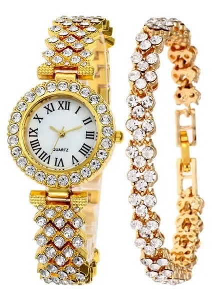 2 Adet Altın 2 Adet Lüks Roma Ölçekli Elmaslı Saatler Kadın Kuvars Kristal Bilezik Saatler Bayanlar Casual Saat Kadın Izle (Yurt Dışından)