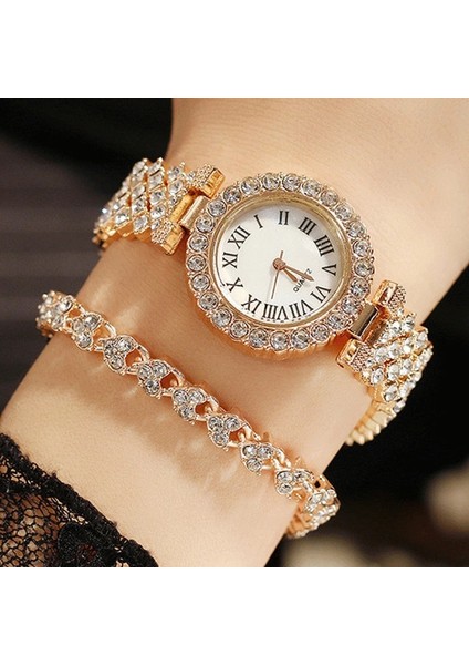 2 Adet Altın 2 Adet Lüks Roma Ölçekli Elmaslı Saatler Kadın Kuvars Kristal Bilezik Saatler Bayanlar Casual Saat Kadın Izle (Yurt Dışından) fiyatları