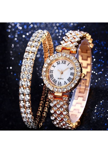 2 Adet Altın 2 Adet Lüks Roma Ölçekli Elmaslı Saatler Kadın Kuvars Kristal Bilezik Saatler Bayanlar Casual Saat Kadın Izle (Yurt Dışından) modelleri