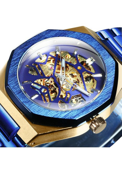 Altın Mavı Forsınıng Lüks Otomatik Mekanik Saatler Erkekler Için Üst Marka Moda Yeni Paslanmaz Çelik Kayış Kol Saati Saat Erkek (Yurt Dışından)