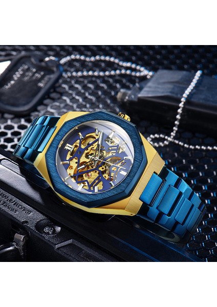 Altın Mavı Forsınıng Lüks Otomatik Mekanik Saatler Erkekler Için Üst Marka Moda Yeni Paslanmaz Çelik Kayış Kol Saati Saat Erkek (Yurt Dışından) modelleri