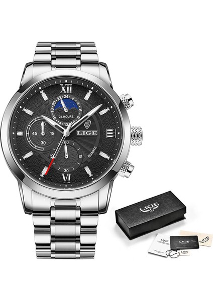 Gümüş Siyah Lıge Casual Erkek Saatler Çelik Su Geçirmez Aydınlık Üst Marka Lüks Kuvars Kol Saati Erkekler Için Chronograph Relogios Masculinos (Yurt Dışından)