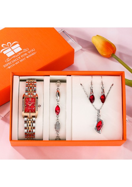 Izle Hediye Seti 04 Lüks Kristal Kadın Bilezik Saatler Su Geçirmez Moda Kırmızı Kuvars Saatı Küpe Kolye Seti Hediye Kadınlar Için Relogio (Yurt Dışından) fırsatları