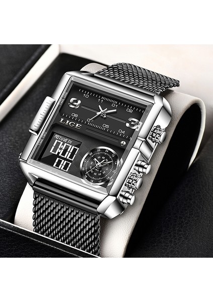 Örgü Siyah Lıge Lüks Üst Erkekler Kuvars Analog Dijital Spor Saatler Askeri LED Izle Erkek Su Geçirmez Saat Kare Kadran Deri Kol Saati (Yurt Dışından)
