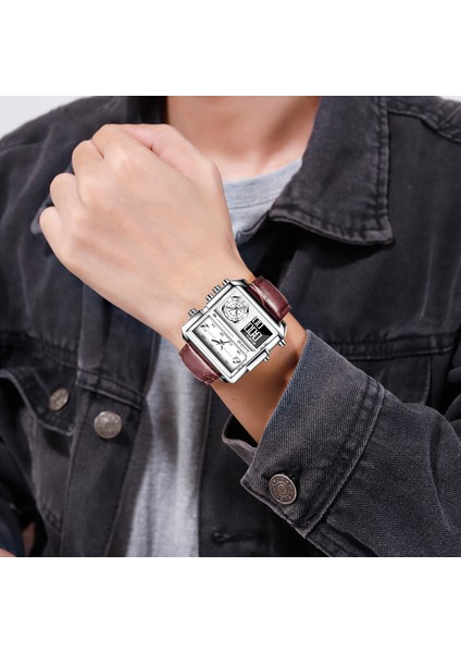Örgü Siyah Lıge Lüks Üst Erkekler Kuvars Analog Dijital Spor Saatler Askeri LED Izle Erkek Su Geçirmez Saat Kare Kadran Deri Kol Saati (Yurt Dışından)