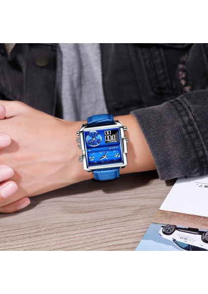 Örgü Siyah Lıge Lüks Üst Erkekler Kuvars Analog Dijital Spor Saatler Askeri LED Izle Erkek Su Geçirmez Saat Kare Kadran Deri Kol Saati (Yurt Dışından)