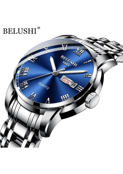 Gümüş Mavi Belushı Üst Marka Lüks Erkek Saatler Aydınlık Su Geçirmez Paslanmaz Çelik Izle Kuvars Erkekler Tarih Takvim Iş Kol Saati (Yurt Dışından)