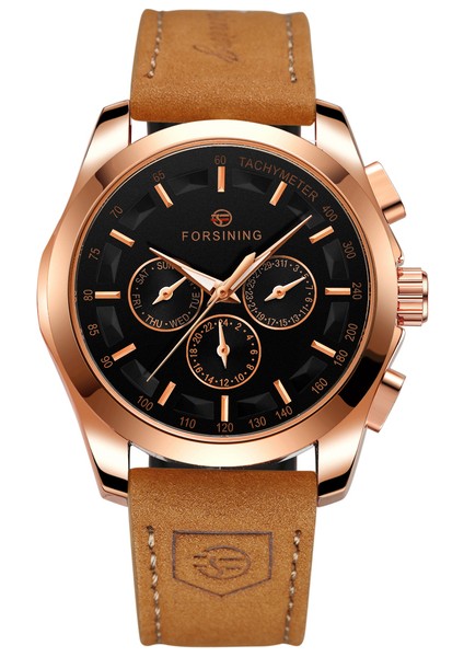 Gül Altın Siyah Forsınng Erkek Üç Gözlü Tırnak Ölçeği Mekanik Hareket Mekanik Saat Erkek Dairesel Kahverengi Kemer Kol Saati (Yurt Dışından)