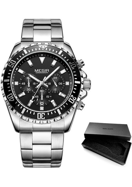 2064 Gümüş Siyah Megir Man'ın Analog Kronograf Kuvars Izle Paslanmaz Çelik Bileklik Erkekler Için Aydınlık Kol Saati Takvim 24 Saat 2064G (Yurt Dışından)