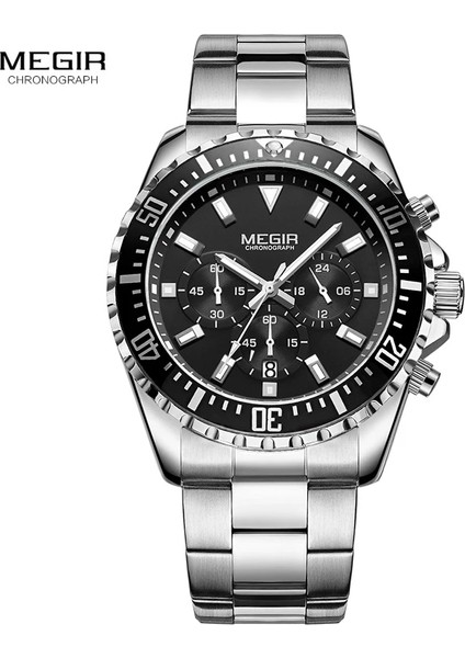 2064 Gümüş Siyah Megir Man'ın Analog Kronograf Kuvars Izle Paslanmaz Çelik Bileklik Erkekler Için Aydınlık Kol Saati Takvim 24 Saat 2064G (Yurt Dışından) fiyatları