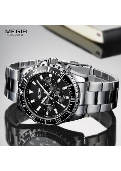 2064 Gümüş Siyah Megir Man'ın Analog Kronograf Kuvars Izle Paslanmaz Çelik Bileklik Erkekler Için Aydınlık Kol Saati Takvim 24 Saat 2064G (Yurt Dışından) fırsatları