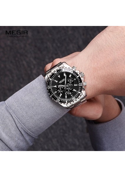 2064 Gümüş Siyah Megir Man'ın Analog Kronograf Kuvars Izle Paslanmaz Çelik Bileklik Erkekler Için Aydınlık Kol Saati Takvim 24 Saat 2064G (Yurt Dışından) indirimleri