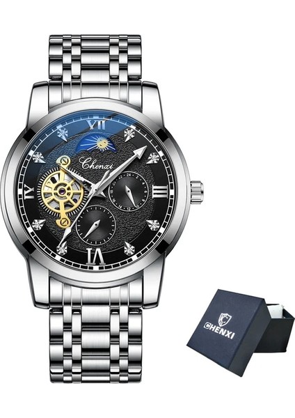Gümüş Kara Kutu Chenxi Yeni Saatler Mekanik Otomatik Izle Erkekler Su Geçirmez Tourbillon Spor Saat Paslanmaz Çelik Kol Saati Relogio Masculino (Yurt Dışından)