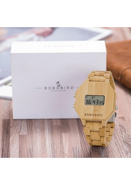 Kahverengi-Kağıt Kutusu Bobo Bırd Ahşap Erkek Dijital Kol Saati LED Ekran Elektronik LCD Otomatik Tarih Çok Fonksiyonlu Montre Homme Saat Adam Dropshipping (Yurt Dışından)