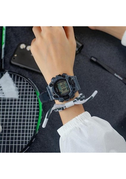 02 Gri Spor Saat Çok Fonksiyonlu Renkli Su Geçirmez Işıklı LED Kol Saati Analog Dijital Askeri Otomatik Saat (Yurt Dışından)