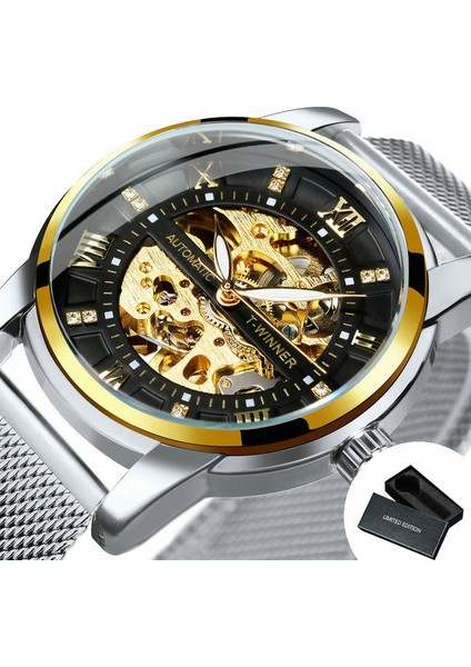Box Altın-Siyah Wınner Deluxe Saat Erkekler Için Mekanik Elmas Tasarım Kadran Işıltılı Eller Gümüş Örgü Paslanmaz Çelik Kayış Saat Erkek (Yurt Dışından)