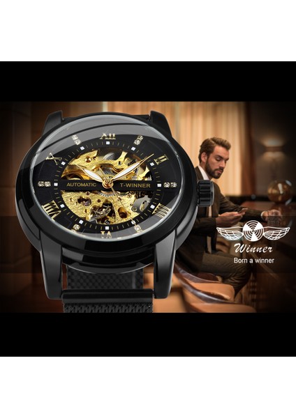 Box Altın-Siyah Wınner Deluxe Saat Erkekler Için Mekanik Elmas Tasarım Kadran Işıltılı Eller Gümüş Örgü Paslanmaz Çelik Kayış Saat Erkek (Yurt Dışından) modelleri
