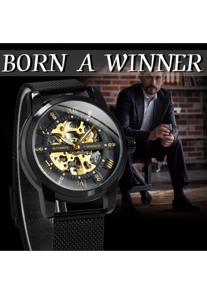 Box Altın-Siyah Wınner Deluxe Saat Erkekler Için Mekanik Elmas Tasarım Kadran Işıltılı Eller Gümüş Örgü Paslanmaz Çelik Kayış Saat Erkek (Yurt Dışından) fırsatları