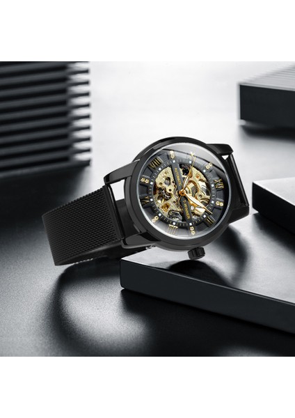 Box Altın-Siyah Wınner Deluxe Saat Erkekler Için Mekanik Elmas Tasarım Kadran Işıltılı Eller Gümüş Örgü Paslanmaz Çelik Kayış Saat Erkek (Yurt Dışından) indirimleri