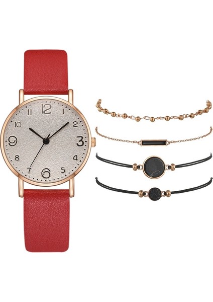5 Adet Set Kırmızı 5 Adet Set Izle Kadınlar Için Lüks Deri Analog Bayanlar Kuvars Kol Saati Üst Stil Moda Bilezik Saat Seti Relogio Feminino (Yurt Dışından)