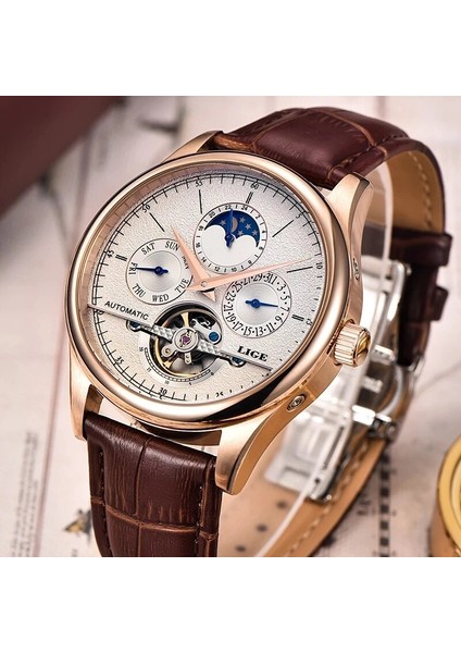 Quartz Saat Altın Lıge Marka Klasik Erkek Retro Saatler Otomatik Mekanik Saat Tourbillon Saat Hakiki Deri Su Geçirmez Askeri Kol Saati (Yurt Dışından)