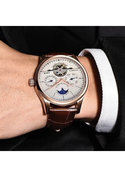 Quartz Saat Altın Lıge Marka Klasik Erkek Retro Saatler Otomatik Mekanik Saat Tourbillon Saat Hakiki Deri Su Geçirmez Askeri Kol Saati (Yurt Dışından)