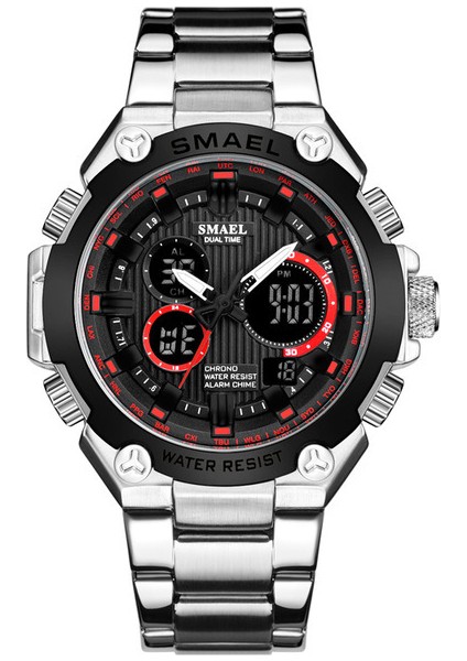 Gümüş Kırmızı Smael Marka Erkekler Askeri Spor Saatler Erkek LED Analog Dijital Saat Erkek Ordu Paslanmaz Çelik Kuvars Saat Relogio Masculino (Yurt Dışından)