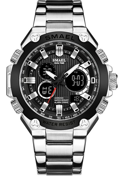 Gümüş Kırmızı Smael Marka Erkekler Askeri Spor Saatler Erkek LED Analog Dijital Saat Erkek Ordu Paslanmaz Çelik Kuvars Saat Relogio Masculino (Yurt Dışından)