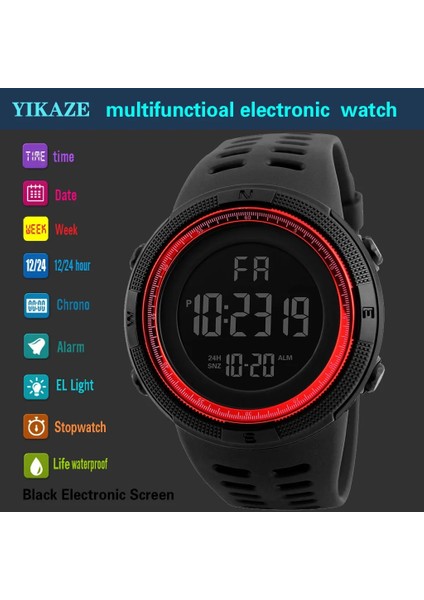 Siyah --- A1 Erkek Spor Saat Çok Fonksiyonlu Askeri Spor Saatler Su Geçirmez LED Dijital Çocuk Izle Siyah Kadran Öğrenci Elektronik Saat (Yurt Dışından)