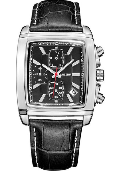 Siyah Megir Dikdörtgen Kadran Deri Kayış Izle Erkekler Için Rahat Mavi Kronograf Kuvars Saatler Erkek Kol Saati Montre Reloj Часы Мужские (Yurt Dışından)