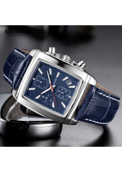 Siyah Megir Dikdörtgen Kadran Deri Kayış Izle Erkekler Için Rahat Mavi Kronograf Kuvars Saatler Erkek Kol Saati Montre Reloj Часы Мужские (Yurt Dışından)