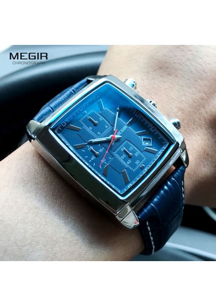 Siyah Megir Dikdörtgen Kadran Deri Kayış Izle Erkekler Için Rahat Mavi Kronograf Kuvars Saatler Erkek Kol Saati Montre Reloj Часы Мужские (Yurt Dışından)