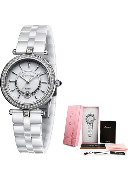 Gümüş Beyaz Sunkta Kuvars Kadın Saatler Seramik Saatler Kadın Üst Lüks Marka Bayanlar Butik Bilezik Izle Kadın Saat Reloj De Dama (Yurt Dışından)