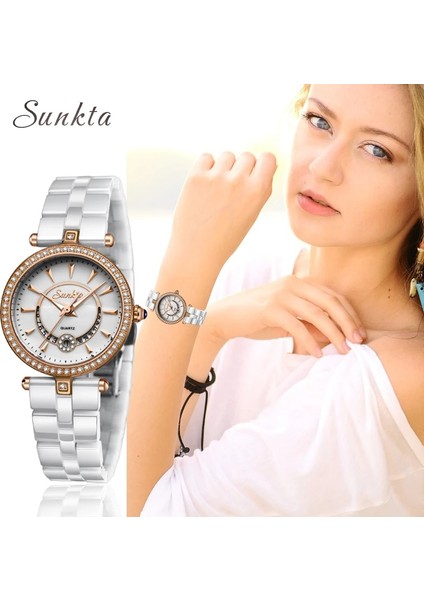 Gümüş Beyaz Sunkta Kuvars Kadın Saatler Seramik Saatler Kadın Üst Lüks Marka Bayanlar Butik Bilezik Izle Kadın Saat Reloj De Dama (Yurt Dışından)