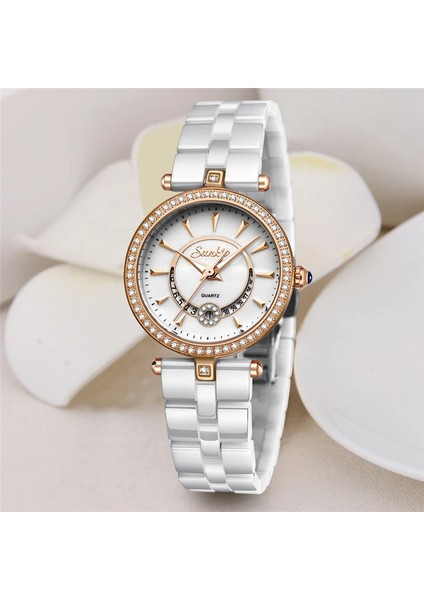 Gümüş Beyaz Sunkta Kuvars Kadın Saatler Seramik Saatler Kadın Üst Lüks Marka Bayanlar Butik Bilezik Izle Kadın Saat Reloj De Dama (Yurt Dışından)