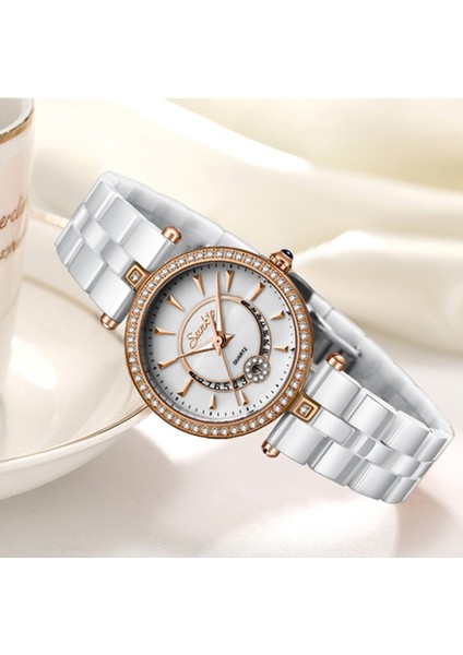 Gümüş Beyaz Sunkta Kuvars Kadın Saatler Seramik Saatler Kadın Üst Lüks Marka Bayanlar Butik Bilezik Izle Kadın Saat Reloj De Dama (Yurt Dışından)