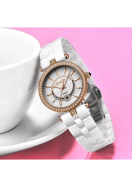 Gümüş Beyaz Sunkta Kuvars Kadın Saatler Seramik Saatler Kadın Üst Lüks Marka Bayanlar Butik Bilezik Izle Kadın Saat Reloj De Dama (Yurt Dışından)