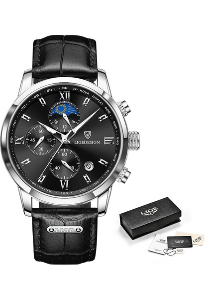 Gümüş Siyah 100% Orijinal Lıge Izle Erkekler Için Üst Marka Su Geçirmez Spor Chronograph Izle Saat 2022 Yeni Moda Lüks Deri Kol Saatleri (Yurt Dışından)