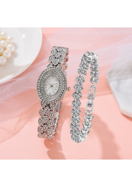 XR4779 Gümüş 2 Adet Lüks Kadın Gül Altın Izle Moda Bayanlar Kuvars Elmas Kol Saati Zarif Kadın Bilezik Saatler Seti Reloj Mujer (Yurt Dışından)