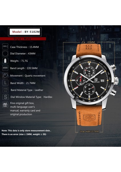 L Kahverengi Gümüş Siyah Benyar Moda Kronograf Spor Erkek Saatler Üst Marka Lüks Kuvars Izle Reloj Hombre Saat Saat Erkek Saat Relogio Masculino (Yurt Dışından) fırsatları