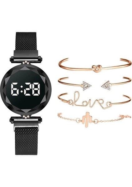 5 Adet Siyah 5 Adet Set Bilezik Izle Kadınlar Lüks Dijital Mıknatıs Gül Altın Paslanmaz Çelik LED Kuvars Saatler Relogio Feminino Dropshipping (Yurt Dışından)