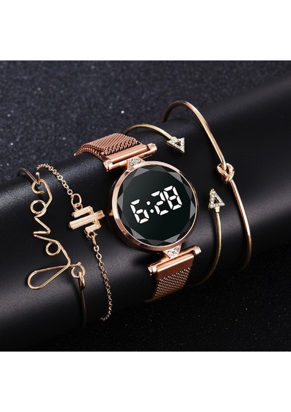 5 Adet Siyah 5 Adet Set Bilezik Izle Kadınlar Lüks Dijital Mıknatıs Gül Altın Paslanmaz Çelik LED Kuvars Saatler Relogio Feminino Dropshipping (Yurt Dışından) fiyatları