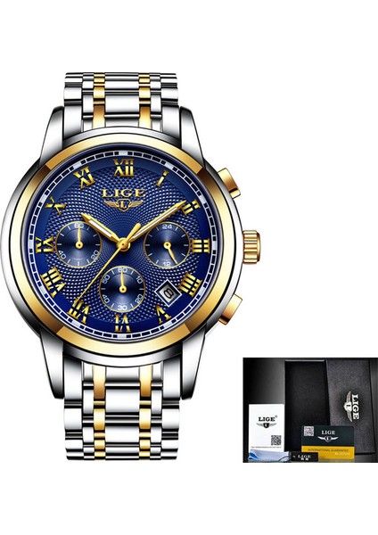Altın Mavi Çelik Yeni Lıge Saatler Erkekler Lüks Marka Kronograf Erkekler Spor Saatler Su Geçirmez Tam Çelik Kuvars Erkek Saati Relogio Masculino + Kutusu (Yurt Dışından)