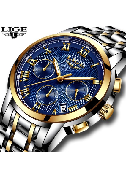 Altın Mavi Çelik Yeni Lıge Saatler Erkekler Lüks Marka Kronograf Erkekler Spor Saatler Su Geçirmez Tam Çelik Kuvars Erkek Saati Relogio Masculino + Kutusu (Yurt Dışından) fiyatları